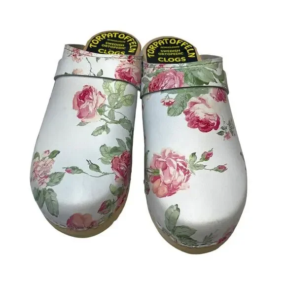 Swedish Torpatoffeln Floral Cottage Core Wooden Clogs Womens EU 42 US 10.5 - Picture 2 of 16